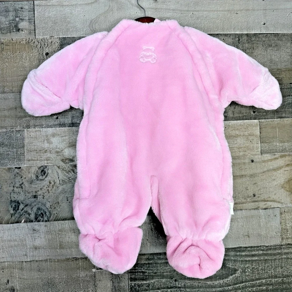 Little Me Infants Pink Plush Snowsuit Size 3/6 Months Bear Ears Hooded‎ Faux Fur